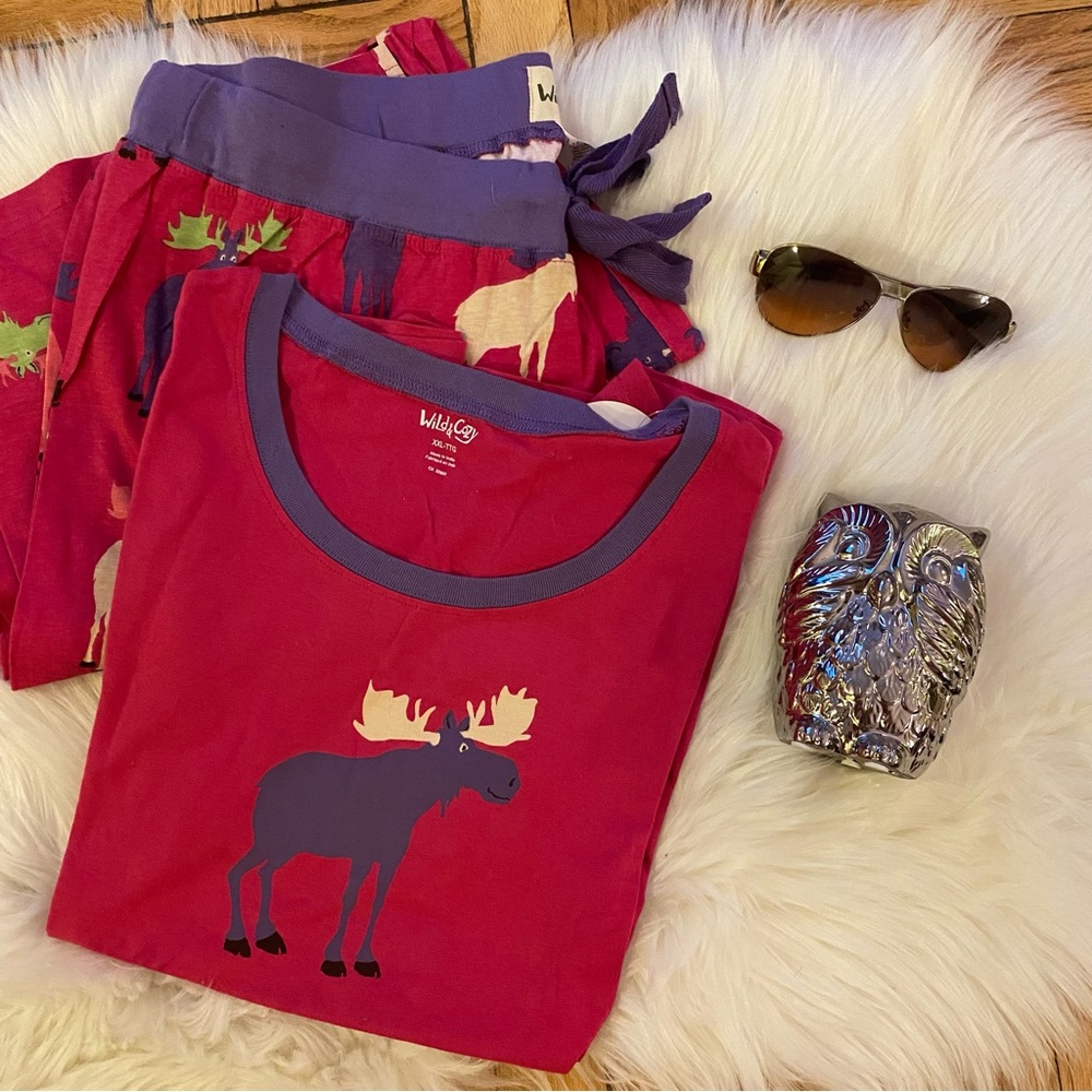 Wild & Cozy Pink Purple Pajama Set with Moose